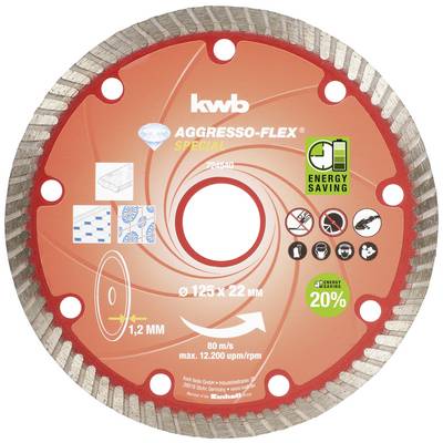 Okrągła tarcza tnąca z napisem 'AGGRESSO-FLEX Specjal' i 'Energy Saving'. Średnica 125 mm, odpowiednia do cięcia płytek.