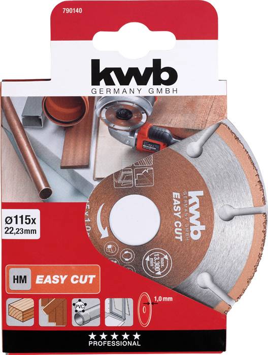 Tarcza tnąca do metalu 'KWB Easy Cut' w oryginalnym opakowaniu, prezentująca szczegóły produktu, takie jak średnica (115 mm) i grubość (1 mm).