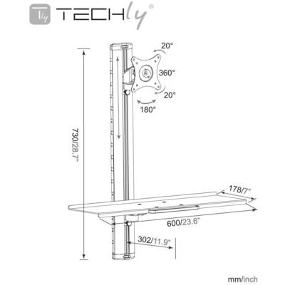 TECHly ICA-PLW-01 Uchwyt ścienny do monitora 38,1 cm (15") - 68,6 cm (27") Uchylny, Przenośny, Obrotowy, Podkładka pod k-0