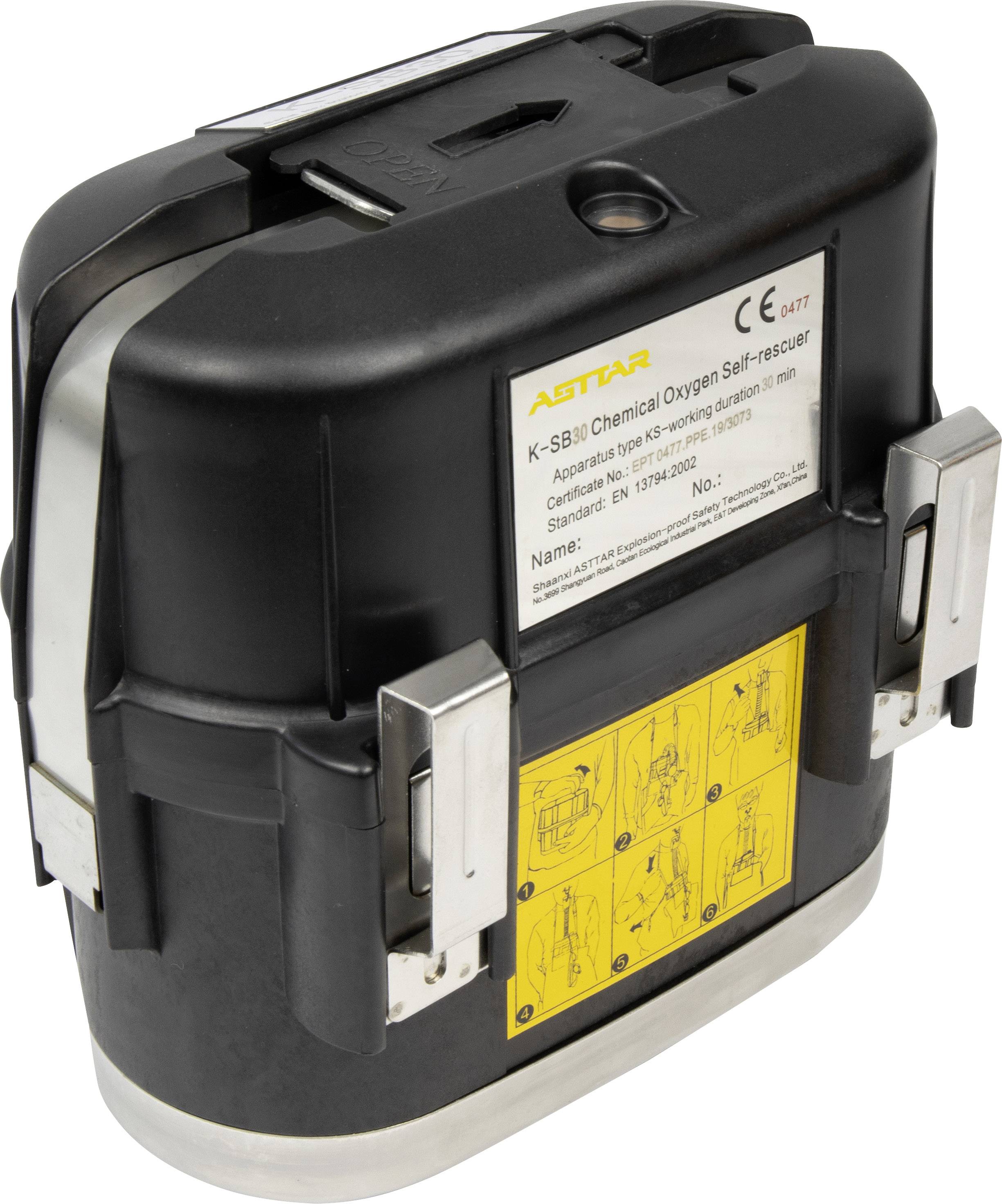 Chemiczny samodzielny aparat tlenowy z oznaczeniami bezpieczeństwa. Jest stosowany do awaryjnego zaopatrzenia w tlen.