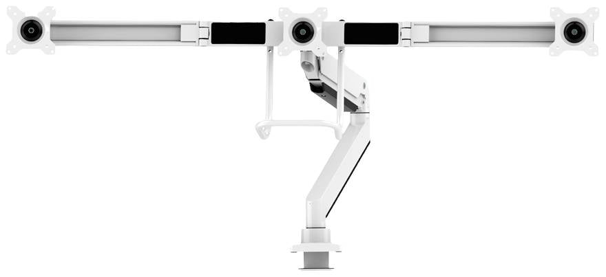 Biała, nowoczesna podstawa wielomonitorowa z regulowanymi ramionami i punktami mocowania dla ekranów.