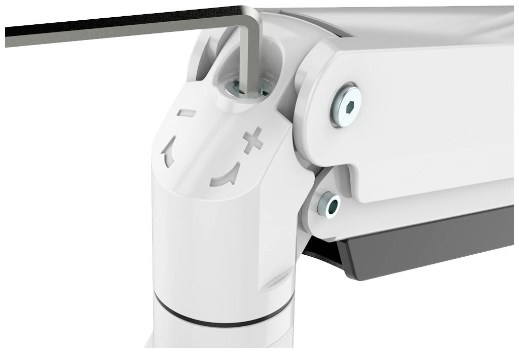 Zbliżenie przegubu urządzenia mechanicznego. Klucz imbusowy jest używany do regulacji napięcia, co widoczne jest na oznaczeniach plus i minus.