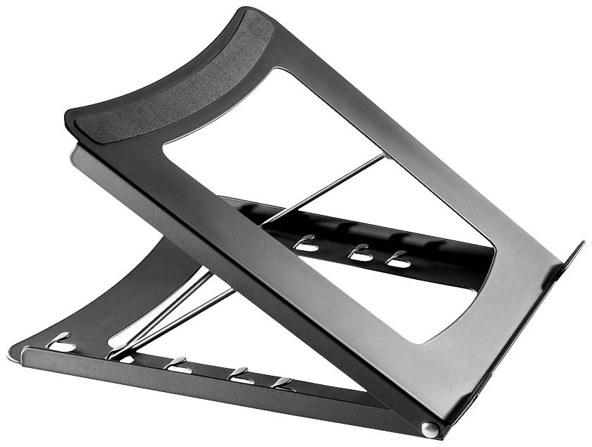 Czarny, regulowany stojak na laptopa wykonany z metalu, o otwartej, ergonomicznej konstrukcji, umożliwiający ustawienie różnych kątów nachylenia.