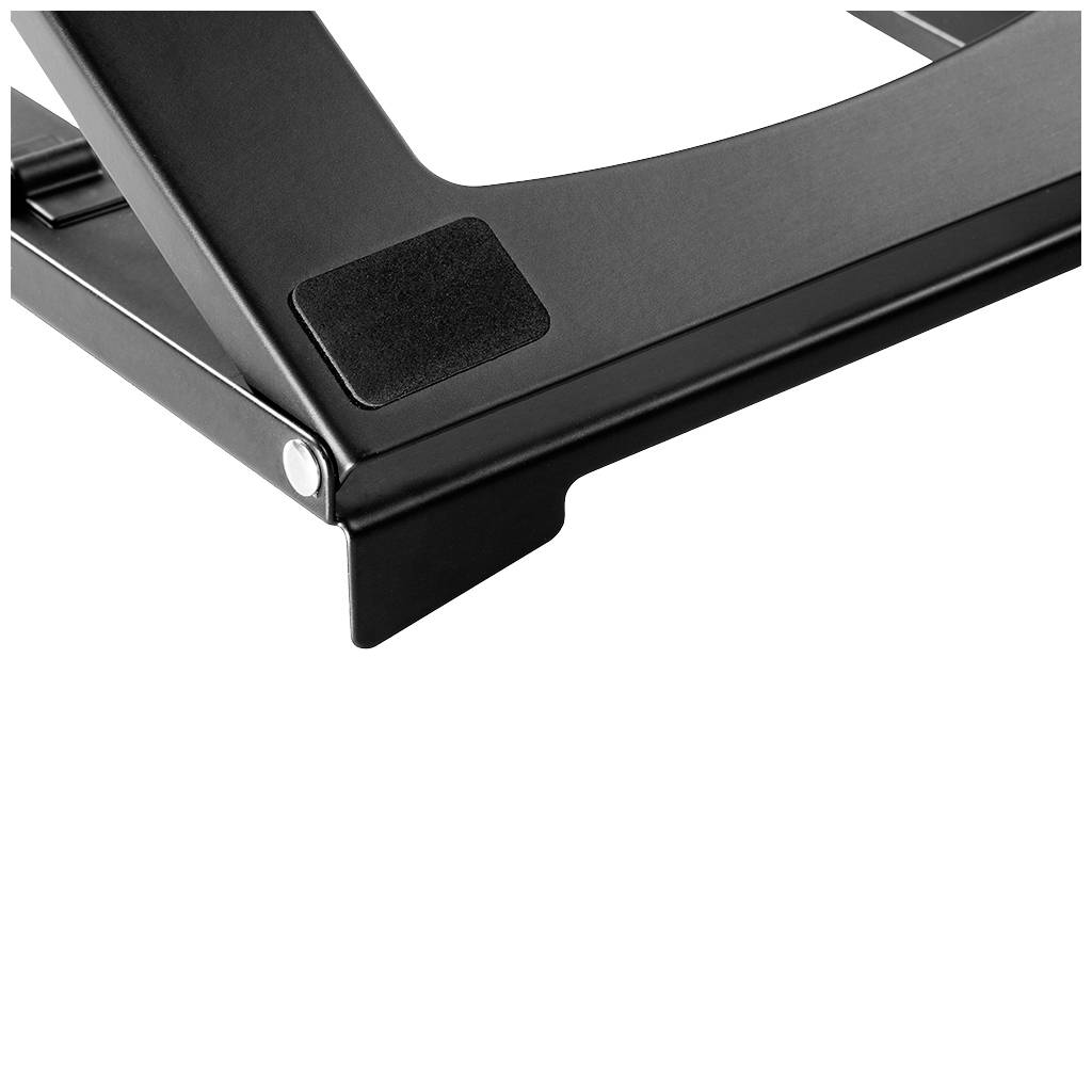 Czarny metalowy stojak na laptopa w widoku bocznym, prezentujący strukturę i stabilność projektu.