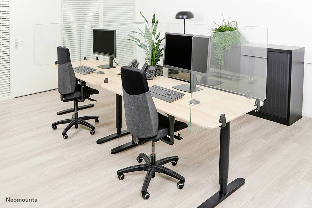 Dwa nowoczesne, puste biurka z ergonomicznymi krzesłami, komputerami i szklanymi przegrodami w jasnym biurze. Rośliny jako dekoracja.