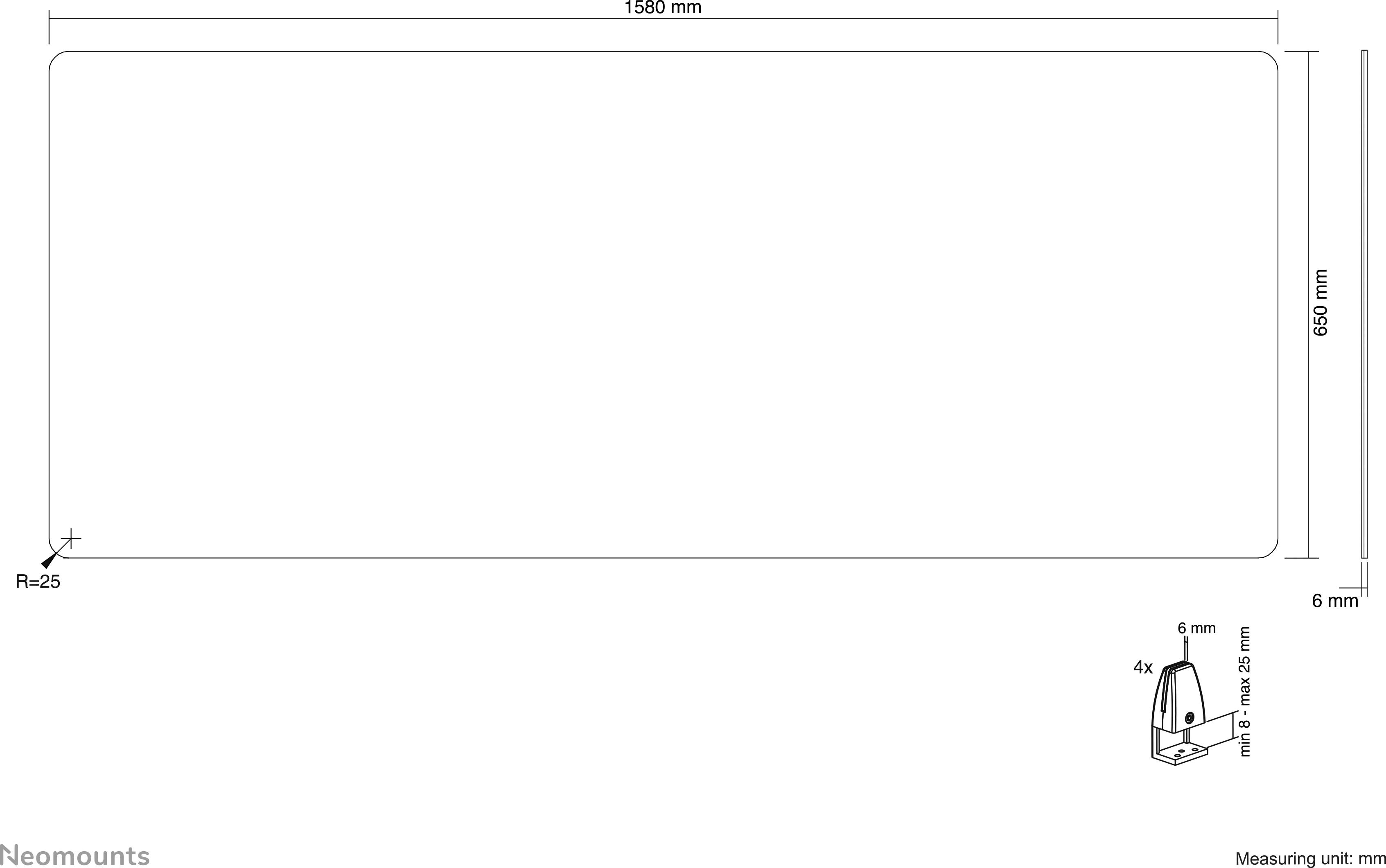 Rysunek prostokątnego stołu. Wymiary: 1580 mm długości, 650 mm szerokości, 6 mm grubości. Promień zaokrąglenia narożników 25 mm. Widok szczegółowy mocowania.