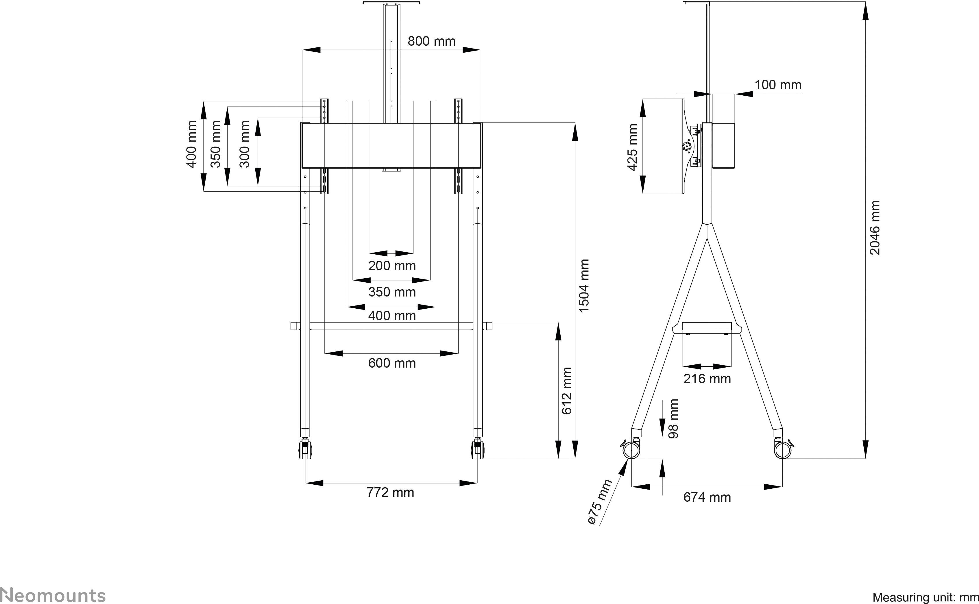 Neomounts NS-M1500BLACK Stojak na kółkach do telewizora 81,3 cm (32") - 165,1 cm (65") Uchylny, Stojak podłogowy, z regu-10