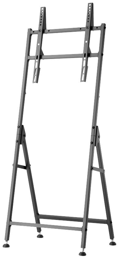 Czarny, wysoki stojak na telewizor z regulowanymi uchwytami i stabilnymi podstawkami. Idealny do prezentacji ekranów.