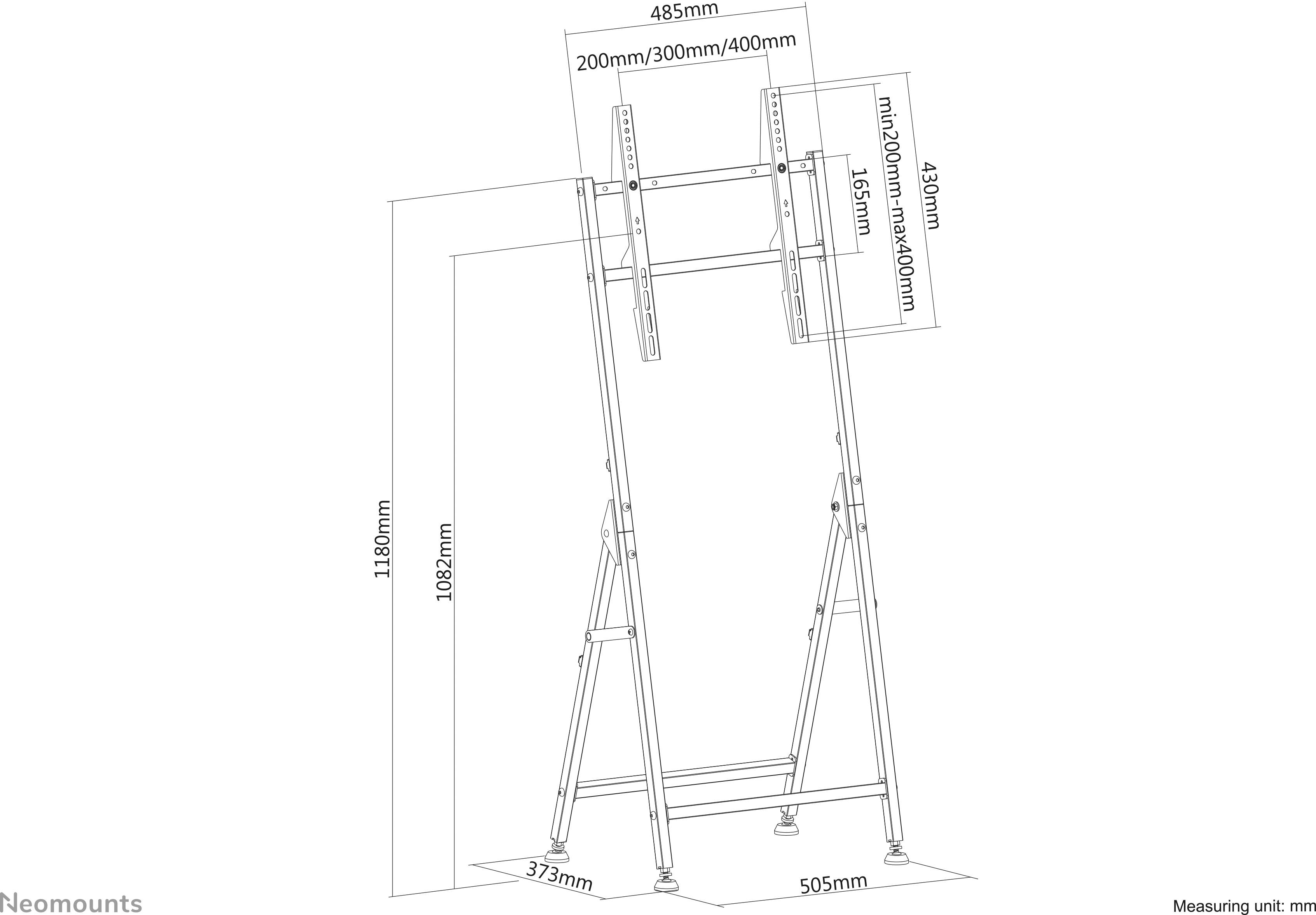 Schemat elektryczny regulowanego pionowo mocowania stojaka z podanymi wymiarami. Maksymalna wysokość: 1830 mm, minimalna wysokość: 1080 mm.