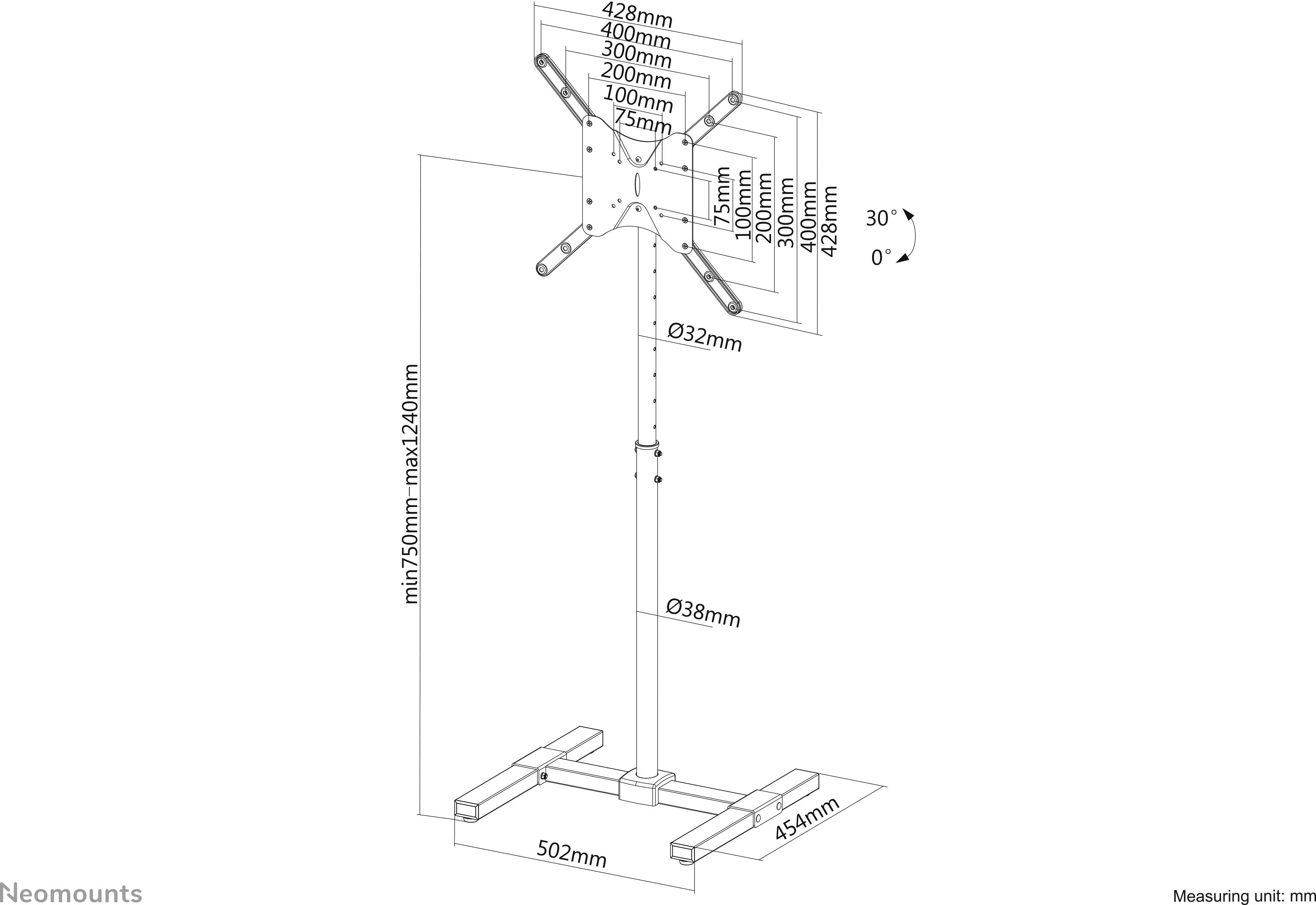 'Szkic wysuwnego stojaka do telewizora z wymiarami: min 750 mm do maks. 1240 mm wysokości, szerokość podstawy 502 mm. Kompatybilność VESA od 75 mm do 400 mm.'