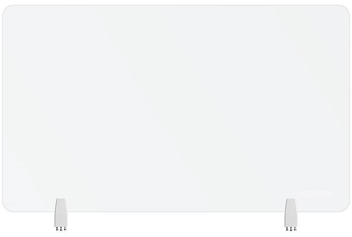 Biała, prostokątna szklana tablica magnetyczna z dwoma srebrnymi stojakami. Idealna do sporządzania notatek i prezentacji.