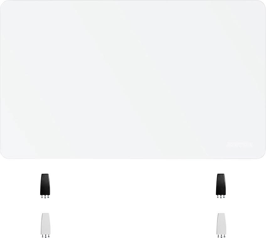 Biała, prostokątna tablica ścienna z dwoma czarnymi stojakami przymocowanymi do dolnej krawędzi, wyposażonymi w regulowane śruby.