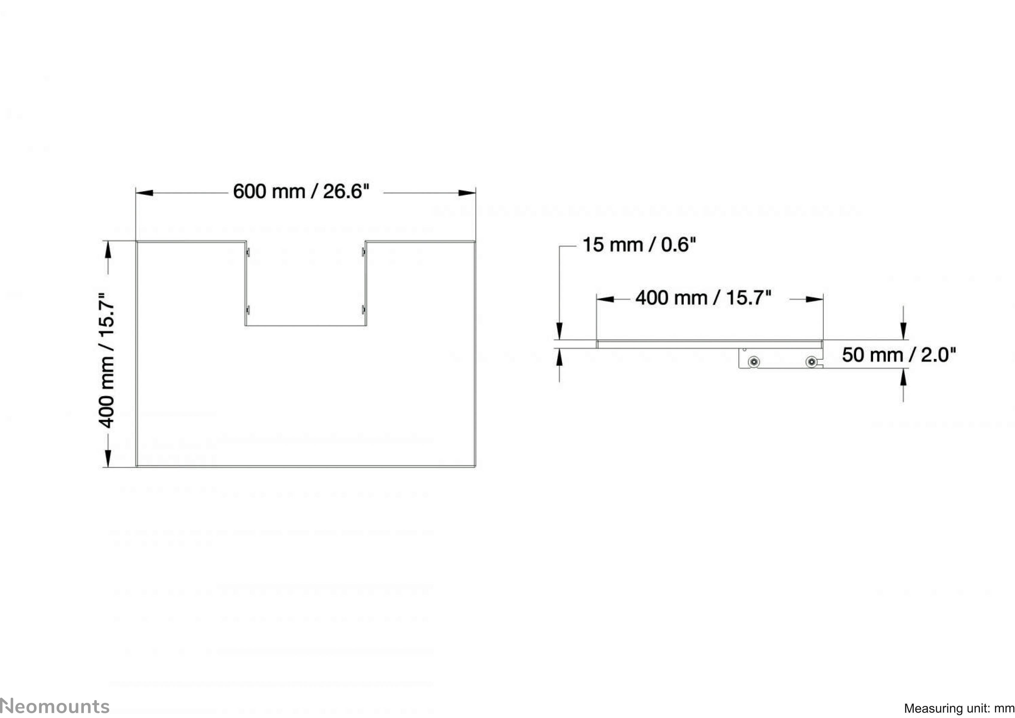 Rysunek techniczny wspornika: Po lewej gabaryty 600 mm szerokości, 400 mm wysokości. Po prawej widok szczegółowy: 400 mm szerokości, 15 mm głębokości.