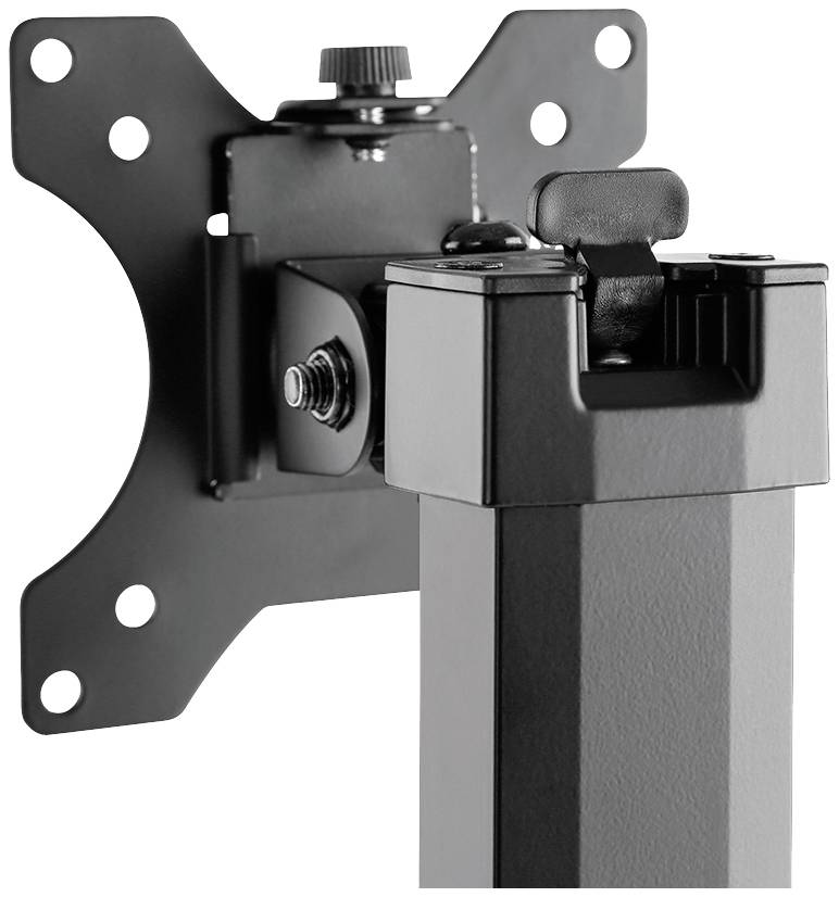 Obraz regulowanego ramienia monitora z mocowaniem VESA. Ramię jest wykonane z metalu, posiada pokrętło regulacyjne i śruby mocujące.