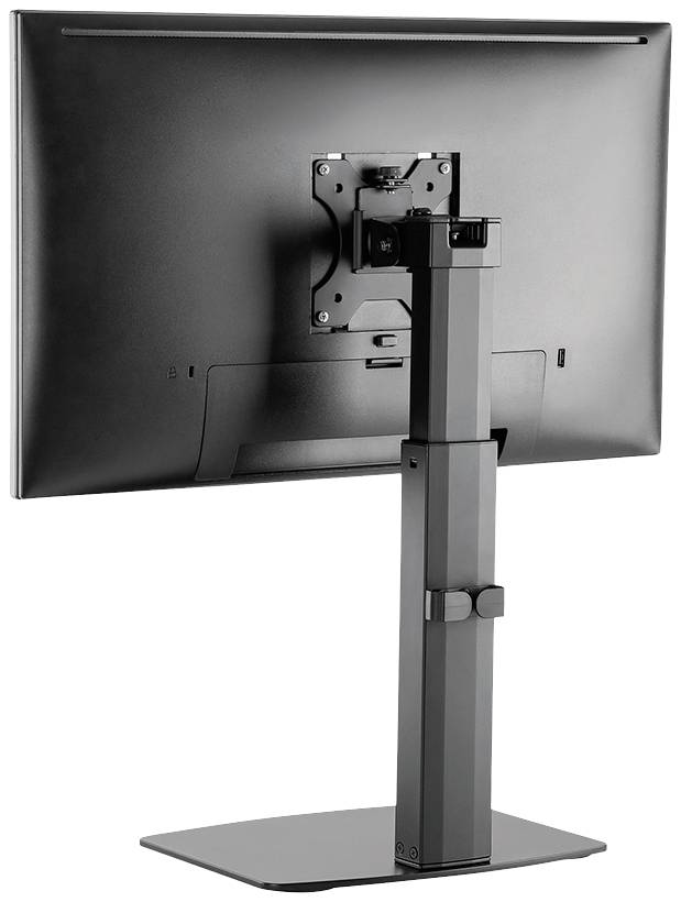 Ekran przedstawia tył monitora zamocowanego na regulowanym w pionie statywie, z wzorem montażowym VESA.