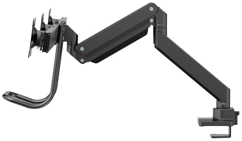 Czarny, regulowany uchwyt monitora z obrotową głowicą, zamocowany do krawędzi biurka, gotowy do zamontowania monitora.