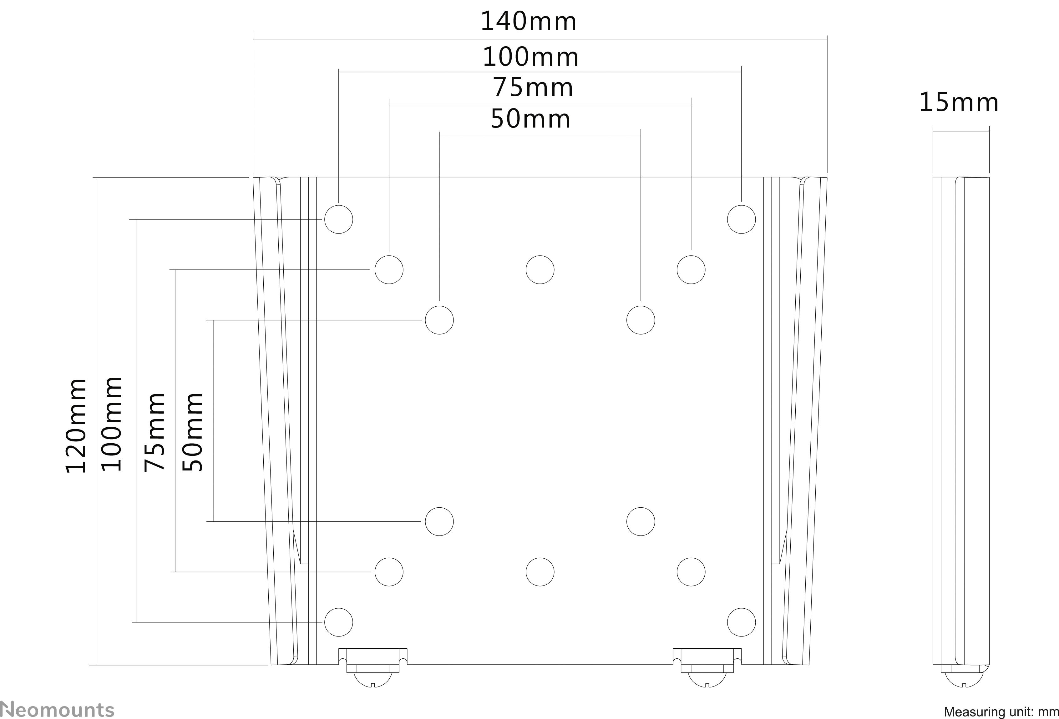 'Rysunek techniczny systemu montażowego z wymiarami: 140x120 mm, 100x100 mm, 75x75 mm, 50x50 mm. Głębokość boczna: 15 mm. Jednostka: mm.'