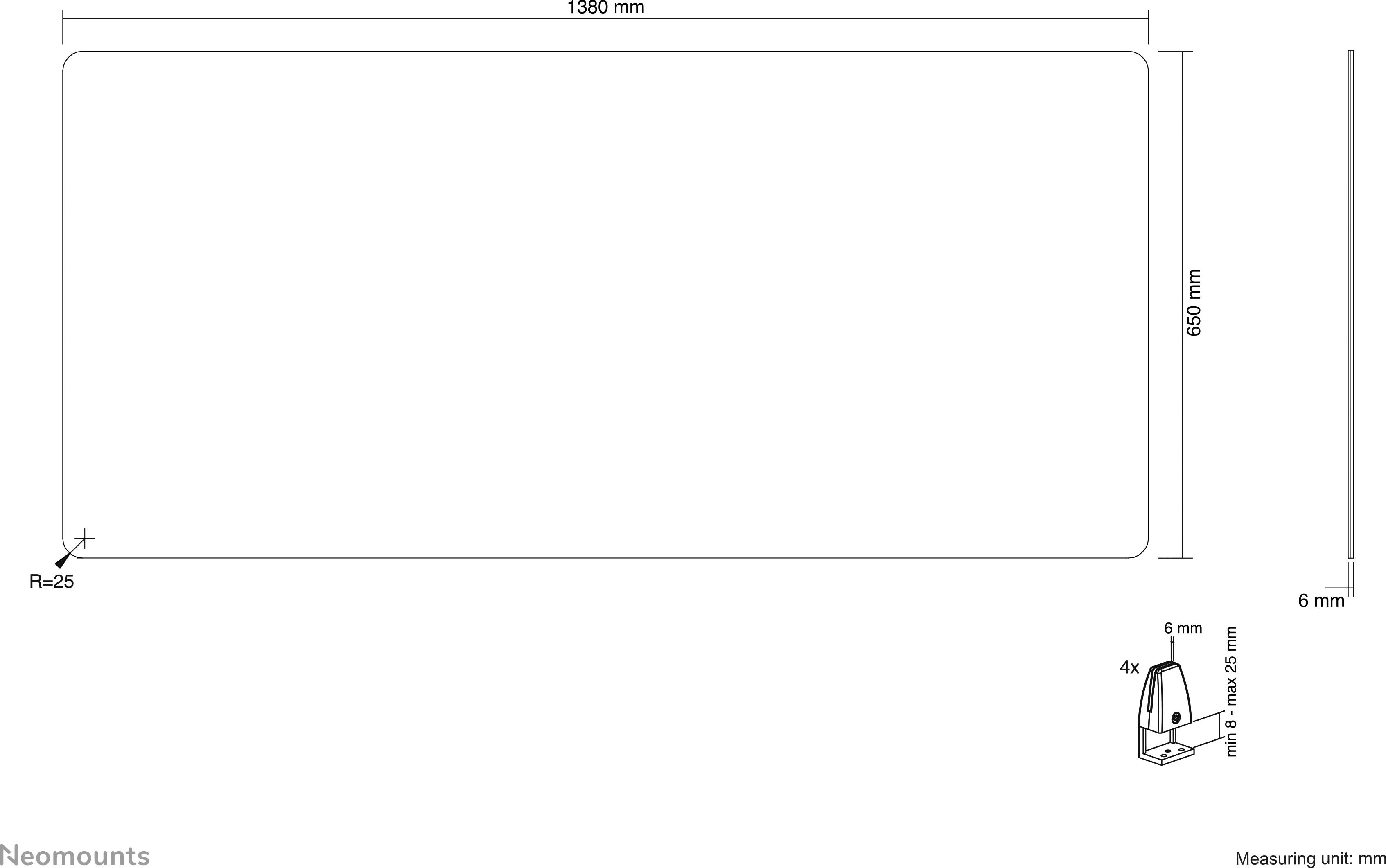 Ekran projekcyjny o wymiarach: 1380 mm szerokości, 690 mm wysokości, promień naroży 25 mm, promień krawędzi 6 mm, w zestawie 4 uchwyty.