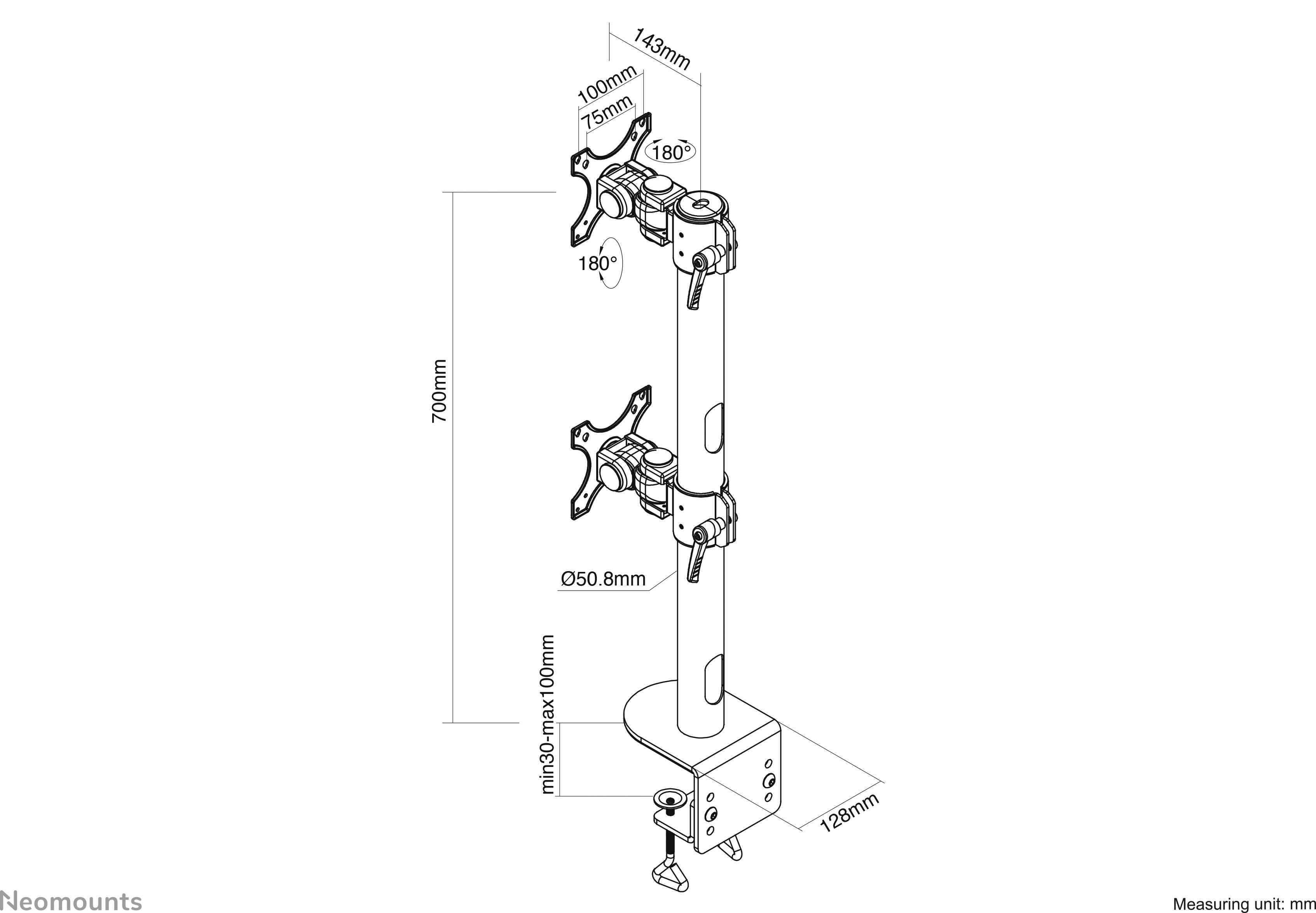 Diagram regulowanego ramienia monitora z wymiarami. Wysokość 700 mm, szerokość 143 mm. Maksymalnie 2 monitory, z możliwością pochylania i obracania.