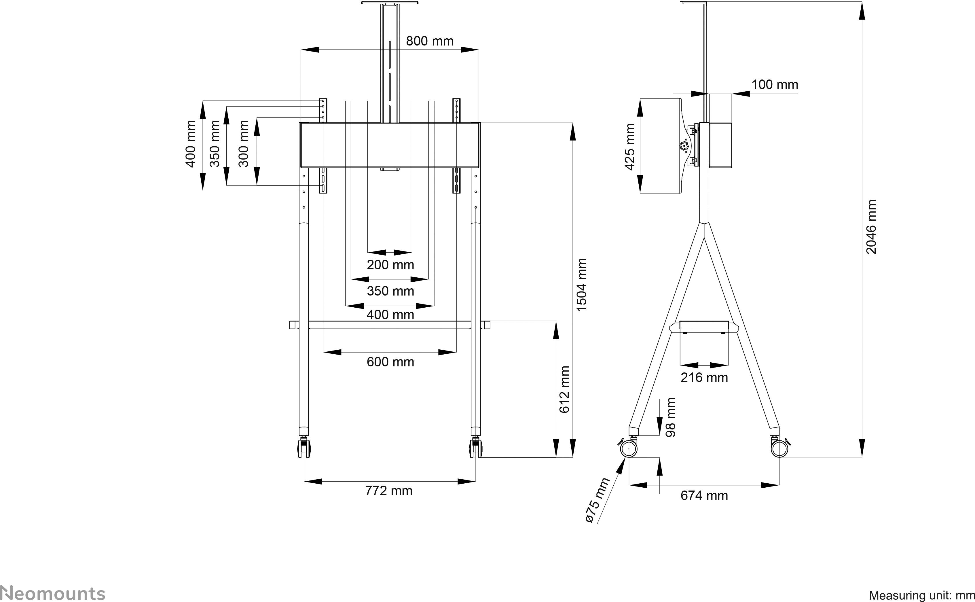 Neomounts NS-M1500WHITE Stojak na kółkach do telewizora 81,3 cm (32") - 165,1 cm (65") Uchylny, Stojak podłogowy-8