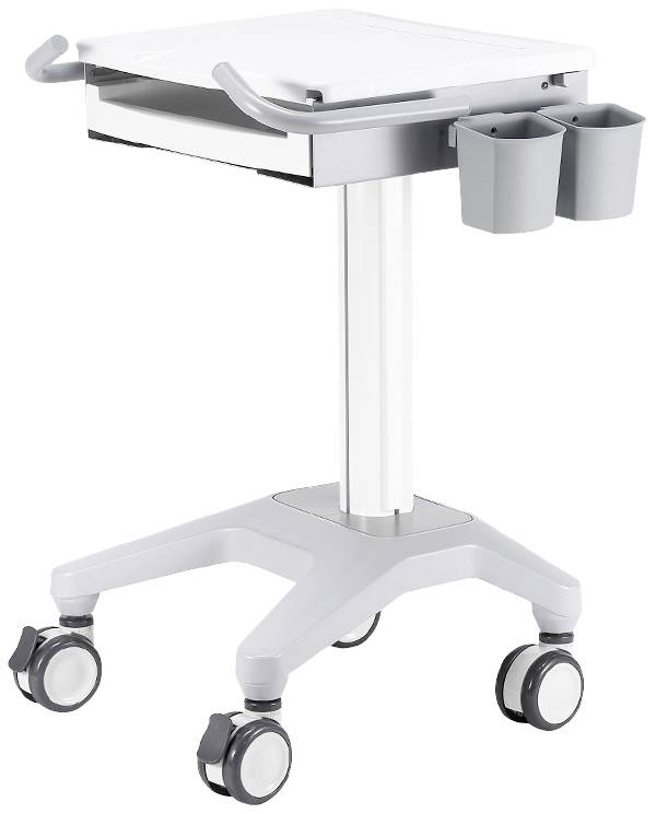 Mobilny wózek roboczy z regulacją wysokości, wyposażony w cztery kółka, szufladę oraz dwa wyjmowane pojemniki po bokach.