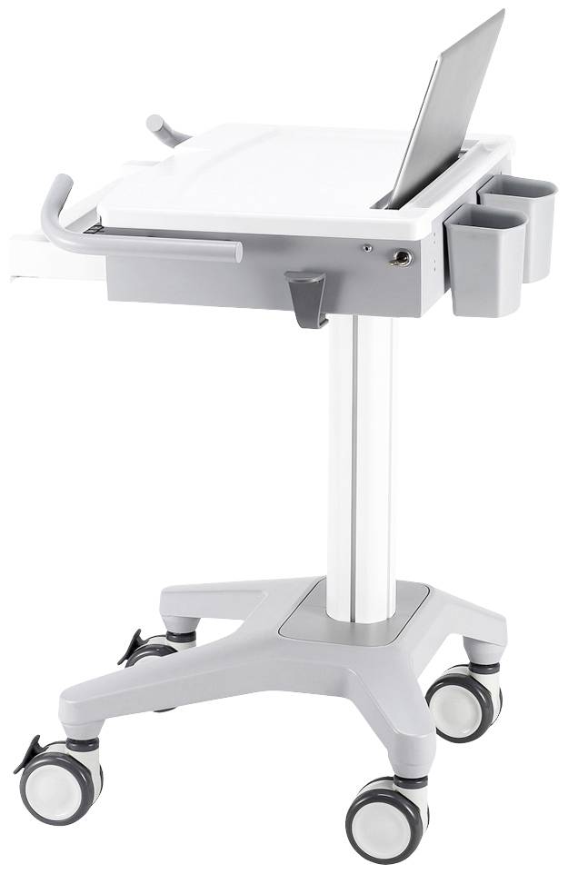 Biały wózek medyczny na kółkach z laptopem i dwoma szarymi uchwytami na kubki, używany do dokumentacji mobilnej w szpitalach.