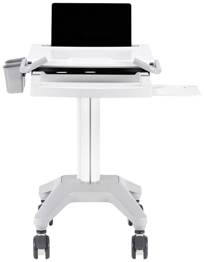 Mobilny stolik komputerowy z laptopem, wysuwaną szufladą i uchwytem na akcesoria, na kółkach, przeznaczony do elastycznego wykorzystania w biurze.