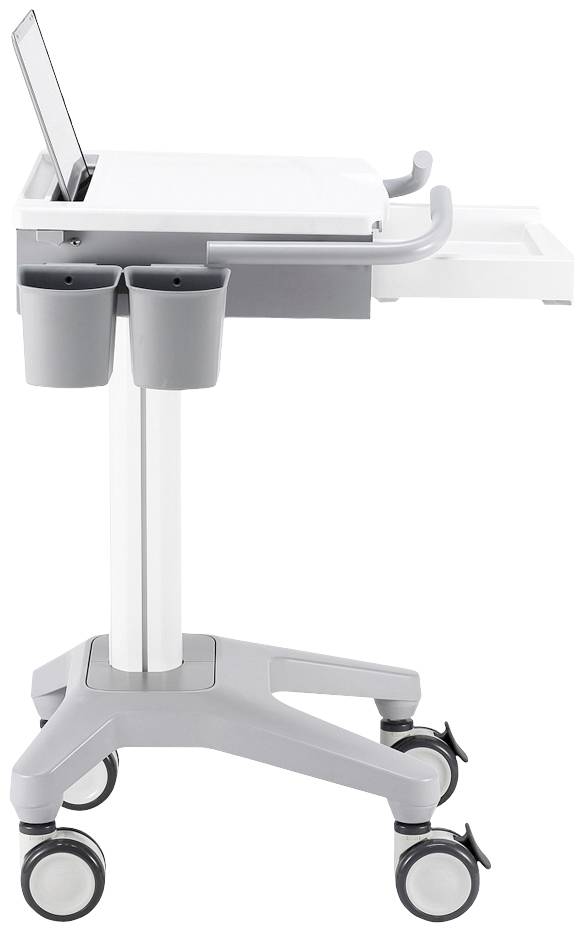 Wózek medyczny z wieloma powierzchniami odkładczymi i kółkami, przeznaczony do transportu sprzętu i akcesoriów medycznych.