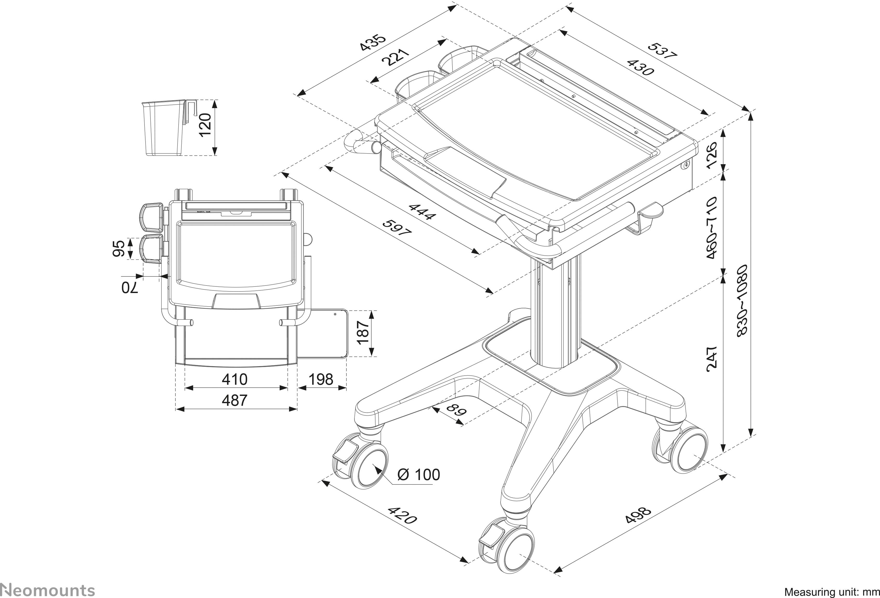 Rysunek techniczny mobilnego wózka monitorowego z podanymi wymiarami. Wózek posiada regulowane elementy i koła zapewniające mobilność.