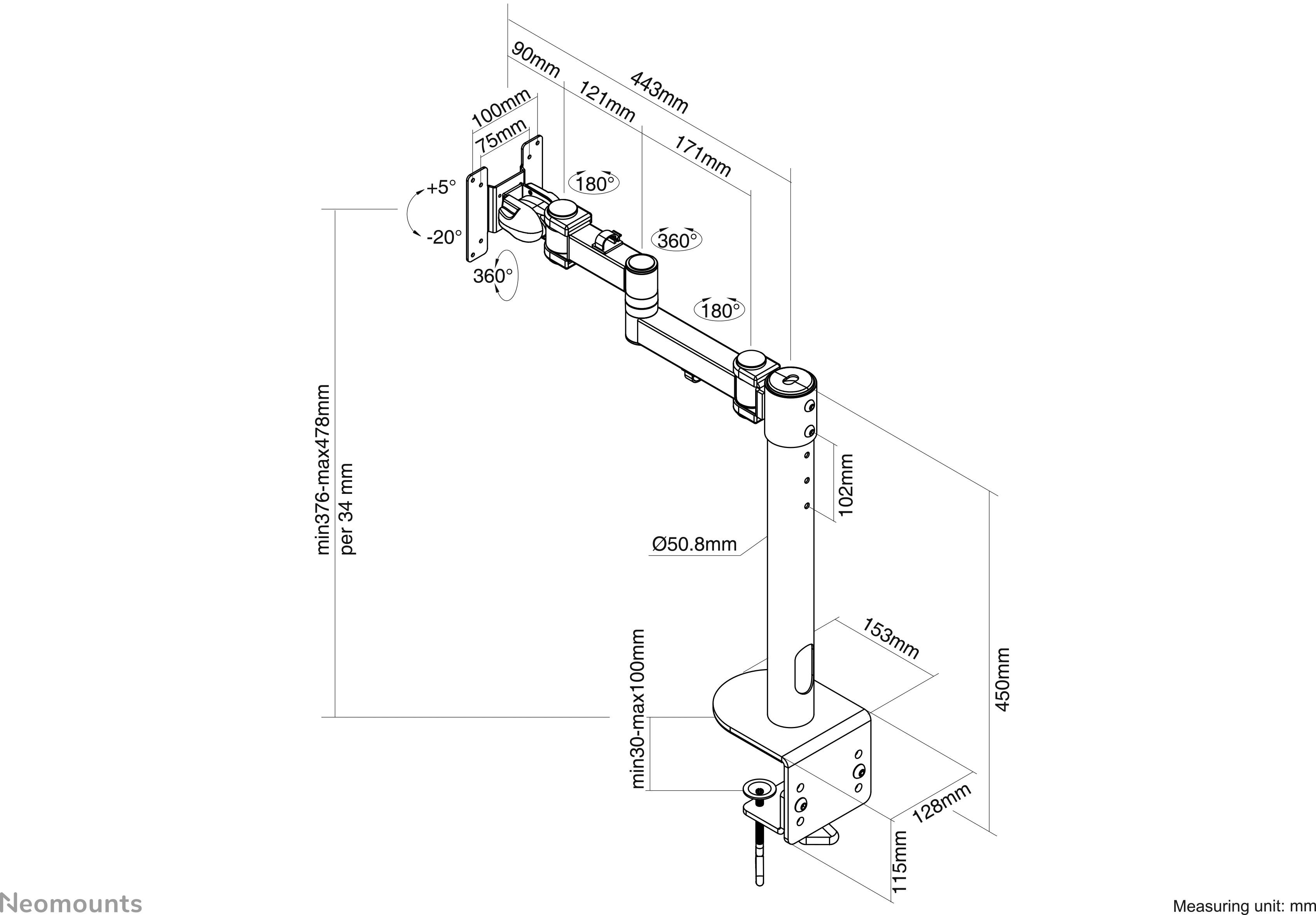 Instrukcja montażu ramienia obrotowego do monitora o parametrach: wysokość 450 mm, zasięg ramienia 171 mm, kąt obrotu 318°, maksymalne obciążenie 10 kg.