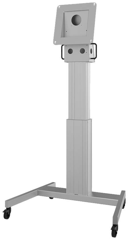 Metalowy, regulowany na wysokość stojak na tablet z kółkami, odpowiedni do prezentacji lub punktów informacyjnych w przestrzeniach publicznych.