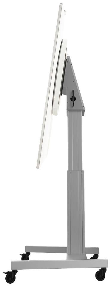 Regulowany wysokościowo, mobilny stojak na monitor, pokazany z boku, z solidną metalową podstawą na kółkach.