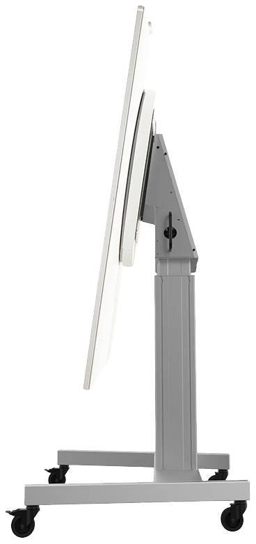 Widok z boku białej, mobilnej tablicy suchościeralnej z regulacją wysokości, która spoczywa lekko pochylona na szarym stelażu na kółkach.