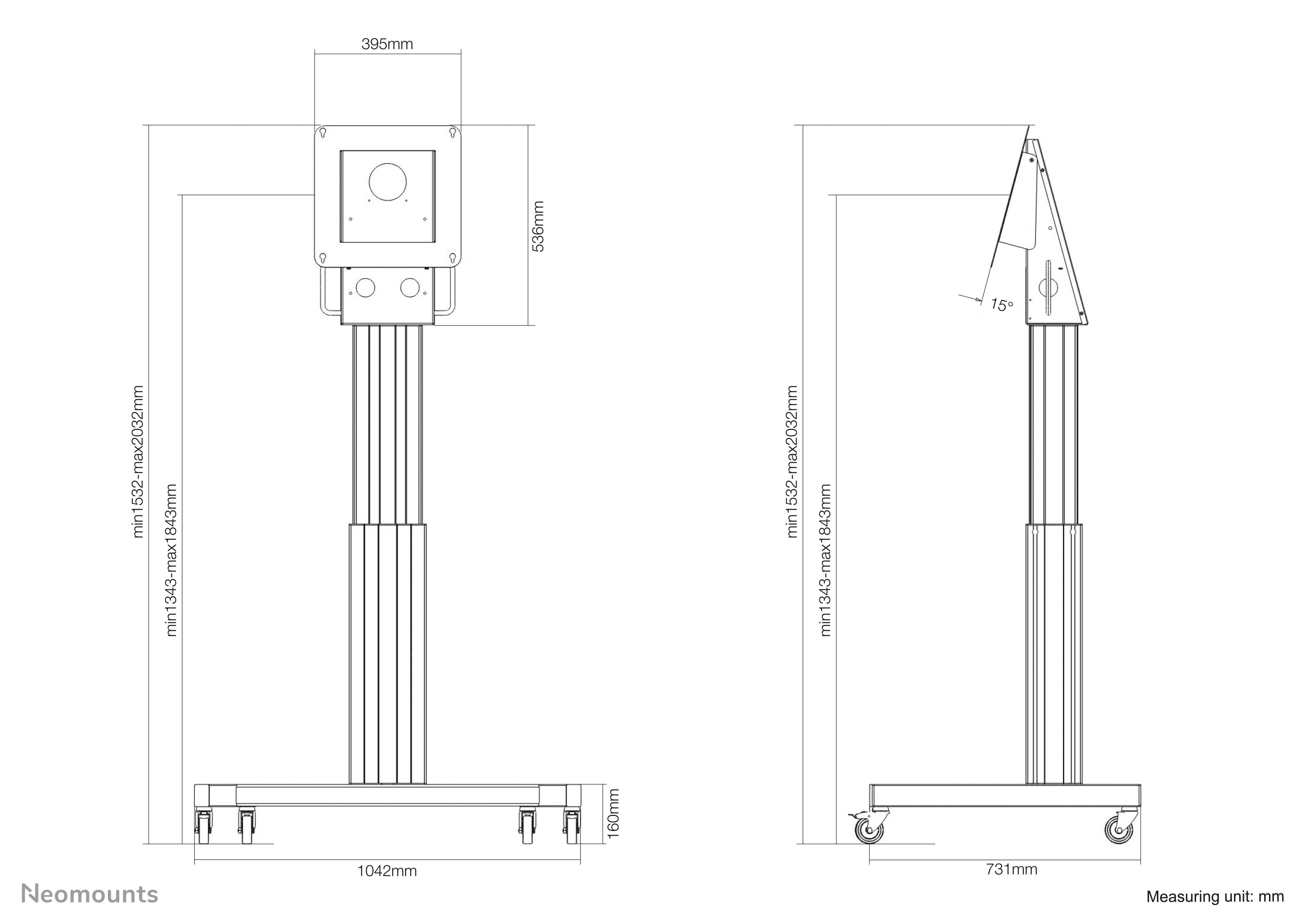 Rysunek regulowanego stojaka na monitor z kółkami, po lewej stronie z monitorem zamocowanym z boku, po prawej stronie z uchwytem skierowanym do góry. Wymiary podane w milimetrach.
