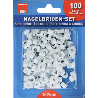 Zestaw Nagelbriden firmy Max Hauri AG, zawiera 100 białych uchwytów kablowych z gwoździami do kabli o średnicy 5-7 mm. Opakowanie w kolorze niebieskim.