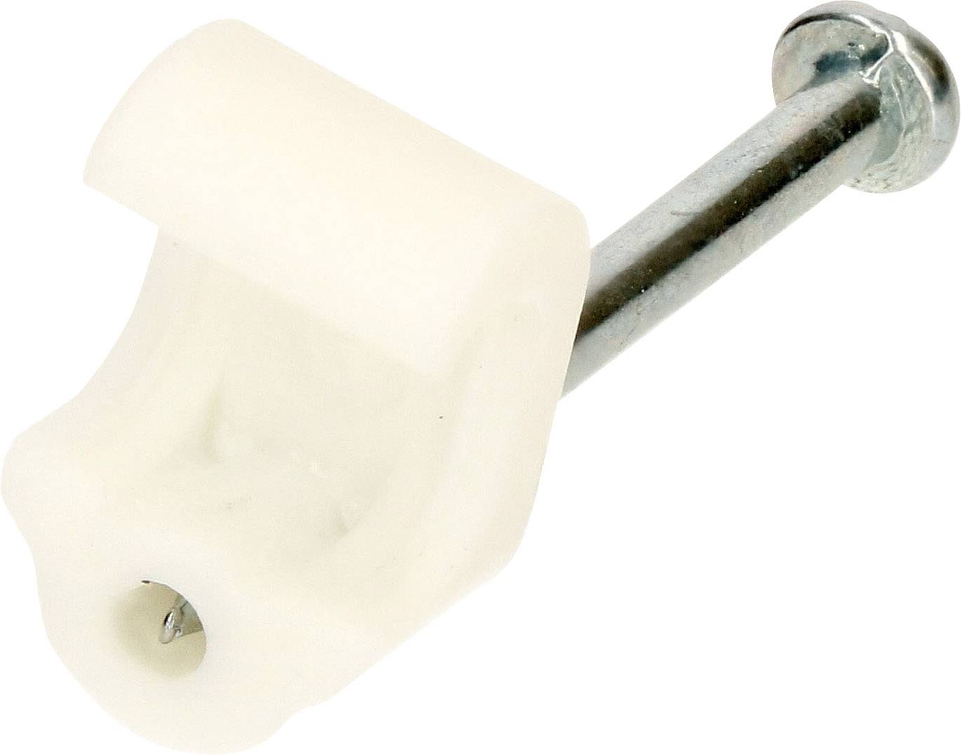 Plastikowy uchwyt do rur z wbudowanym gwoździem do mocowania rur na ścianach lub sufitach.