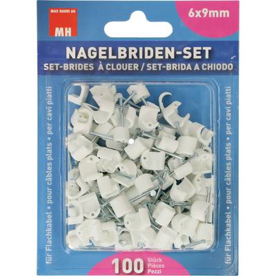 Zestaw gwoździ montażowych 'Nagelbriden' z 100 sztuk, o rozmiarze 6x9 mm. Do mocowania przewodów na ścianach. Zawiera białe plastikowe uchwyty z gwoździami.