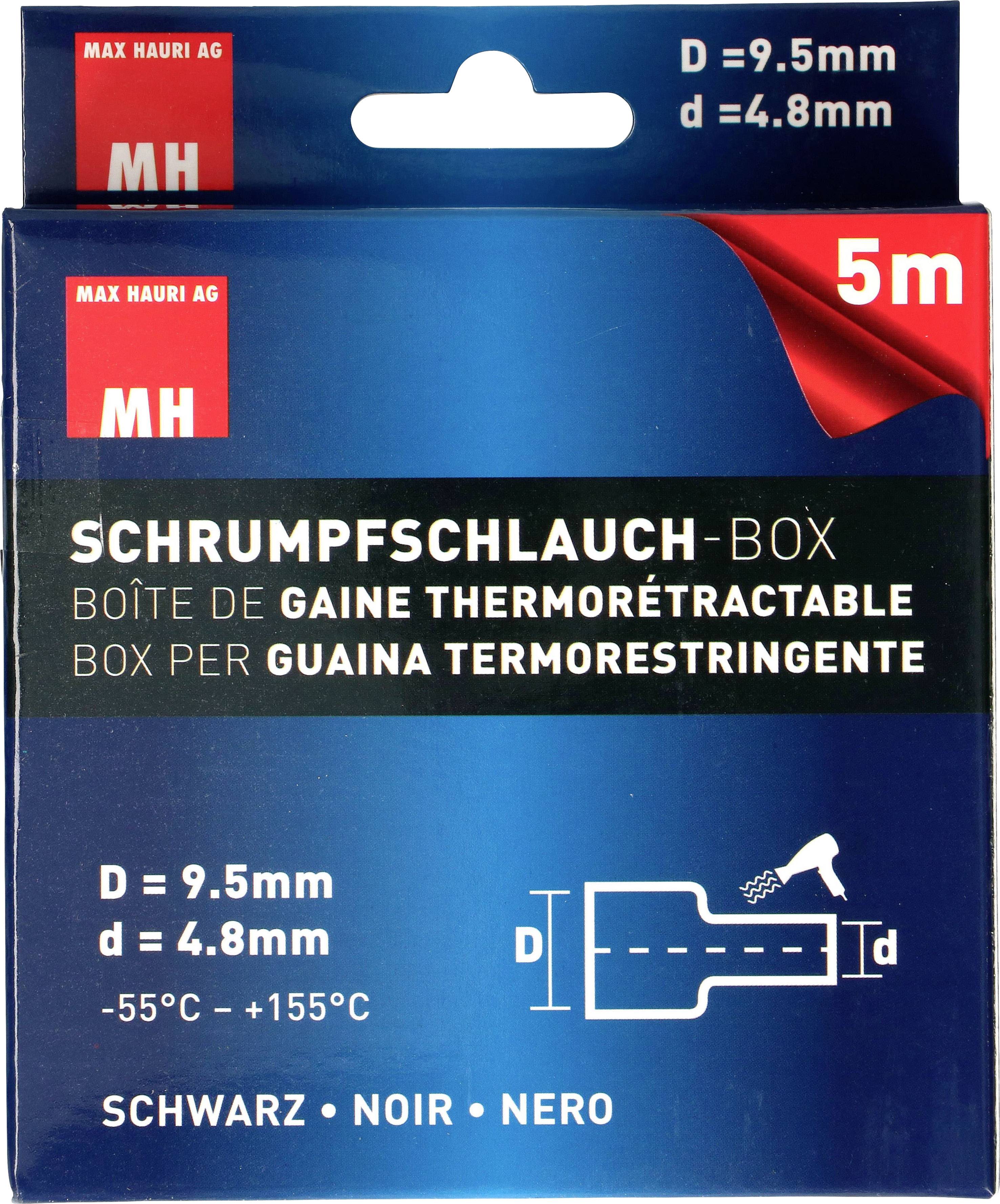 Termokurcz w kolorze niebieskim z czerwonym elementem. Średnica 9,5 mm do 4,8 mm. Długość 5 m. Zakres temperaturowy od -55°C do +155°C.
