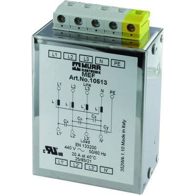 Elektryczny filtr sieciowy firmy Murr Elektronik, model MEF, nr art. 10513, do 440V, 20A. Liczba złączy i schemat połączeń przedstawione na ilustracji.