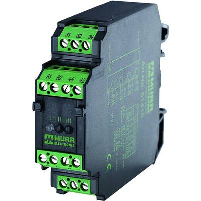 Czarne urządzenie elektroniczne z zielonymi zaciskami przyłączeniowymi. Napis: 'Murr Elektronik' z danymi technicznymi.