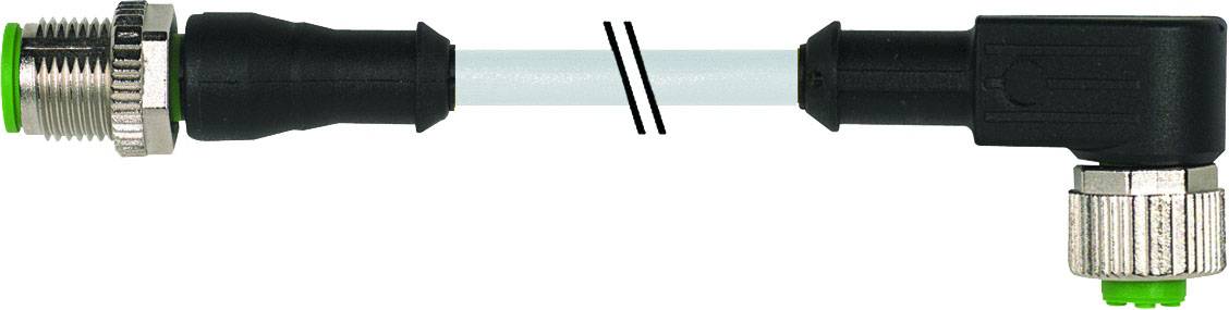 Kabel M12 kątowe z prostym i prostokątnym wtykiem, czarne, z zielonym pierścieniem uszczelniającym i niebieską izolacją przewodu.