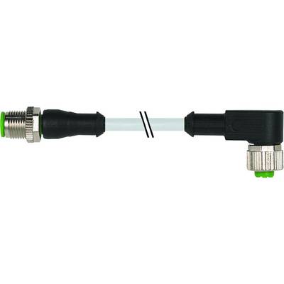 Kabel M12 kątowe z prostym i prostokątnym wtykiem, czarne, z zielonym pierścieniem uszczelniającym i niebieską izolacją przewodu.