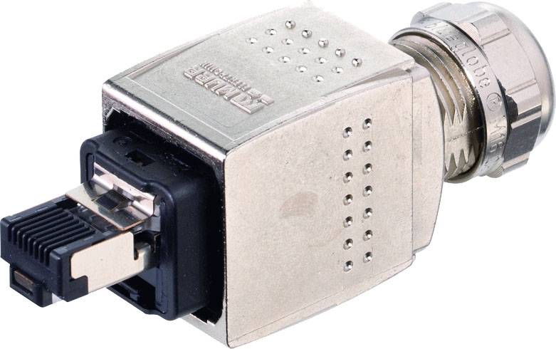 Przemysłowy złącze wtykowe z metalową obudową i mechanizmem blokującym, przeznaczone do połączeń Ethernet w trudnych warunkach środowiskowych.