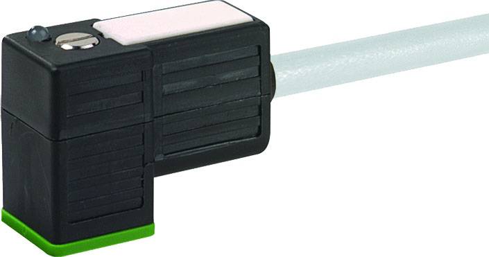 Czarny elektryczny wtyk z zielonym gniazdem i szarym przewodem, odpowiedni do zastosowań przemysłowych.