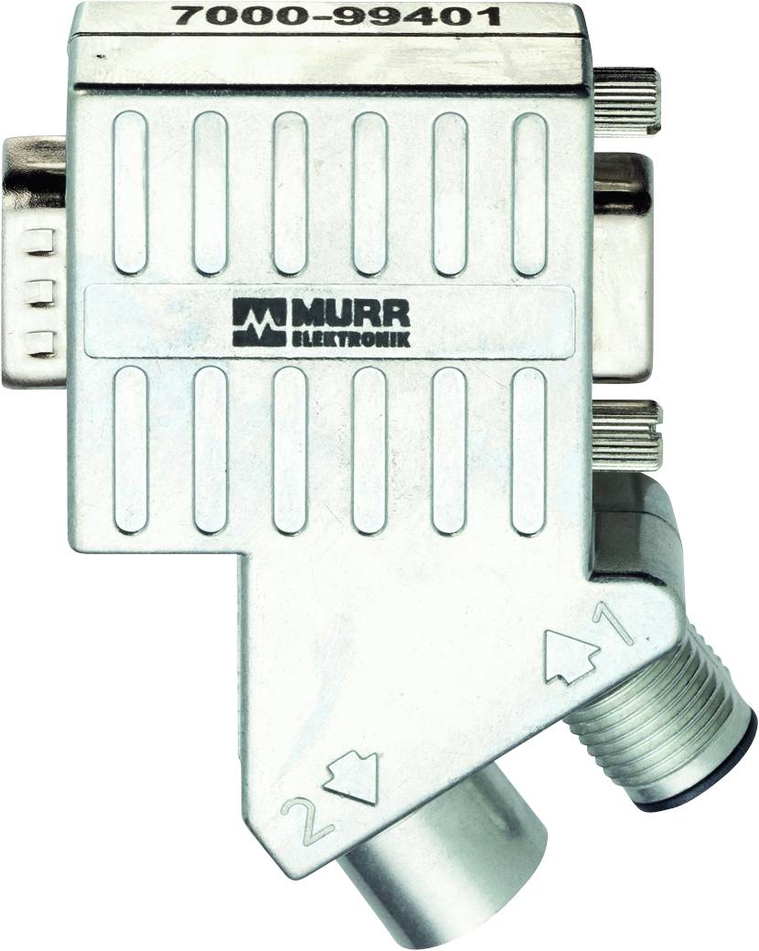 Srebrny elektryczny złącz firmy Murr Elektronik z napisem '7000-99401', przedstawiający dwa przyłącza kablowe.