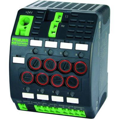 Elektroniczny moduł z wieloma zielonymi i czerwonymi złączami, oznaczony napisem 'Murrelektronik'. Na górze widnieje '+24V', na dole znajdują się rzędy zacisków.