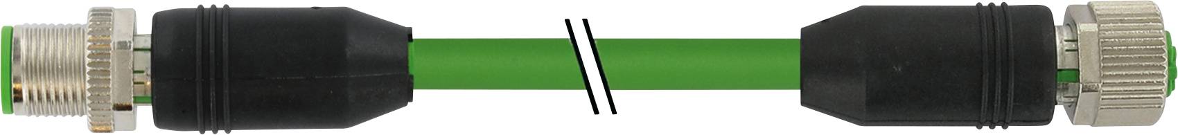Zielony kabel z czarnymi i srebrnymi złączami na obu końcach, przerwany w środku, przedstawia przekrój fragmentu kabla.