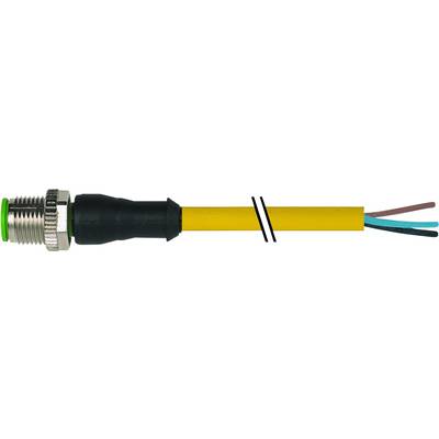 Żółty kabel z czarnym złączem po lewej stronie, trzy odsłonięte przewody po prawej: brązowy, niebieski, czarny.