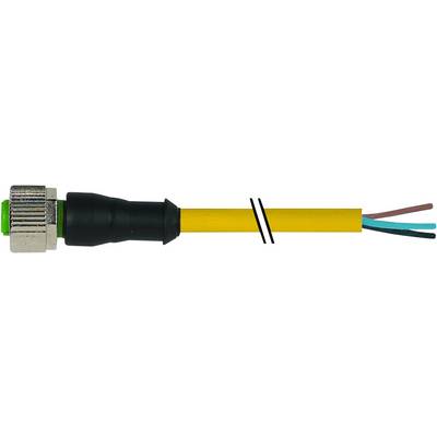 Żółty kabel z metalowym wtykiem i trzema odkrytymi przewodami w kolorach brązowym, niebieskim i zielonym.