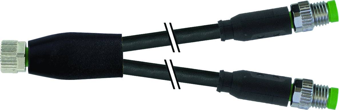 'Czarny kabel Y-adapter z metalowym złączem po jednej stronie oraz dwoma czarnymi przewodami z zielonymi końcówkami złączy po drugiej stronie.'